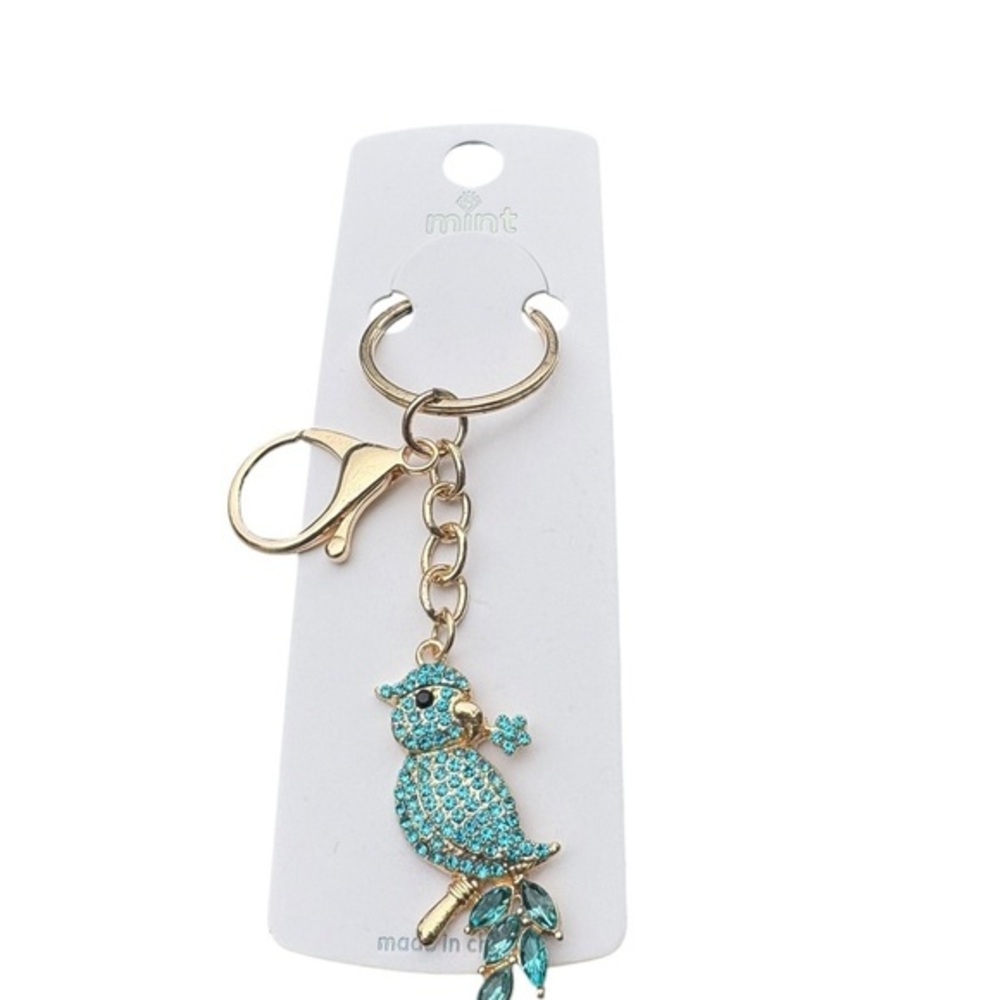 3/$25 Mint Sparkle Rhinestone Jeweled Bird Blue & Gold Parrot Keychain Bag Charm